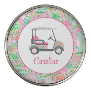 Pink & Green Palm Beach Golf Cart Personalized Golf Ball Marker
