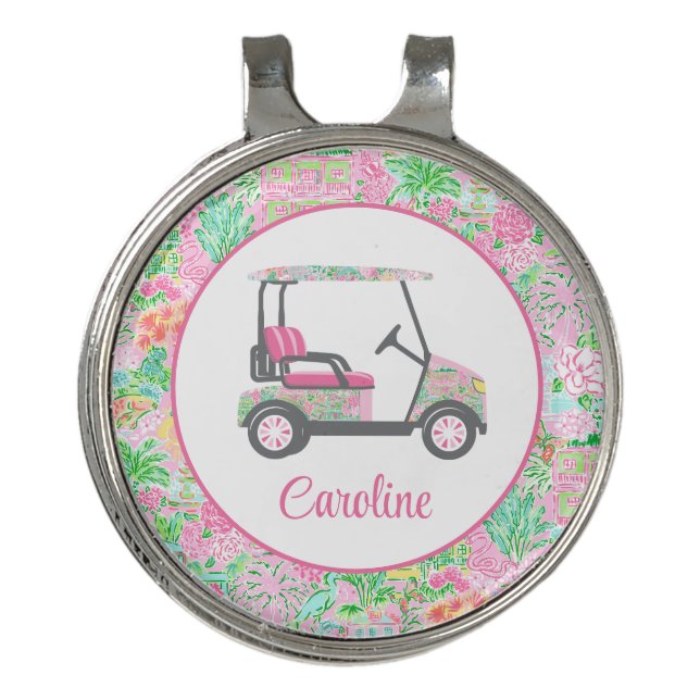 Pink & Green Palm Beach Golf Cart Personalized Golf Hat Clip (Front)