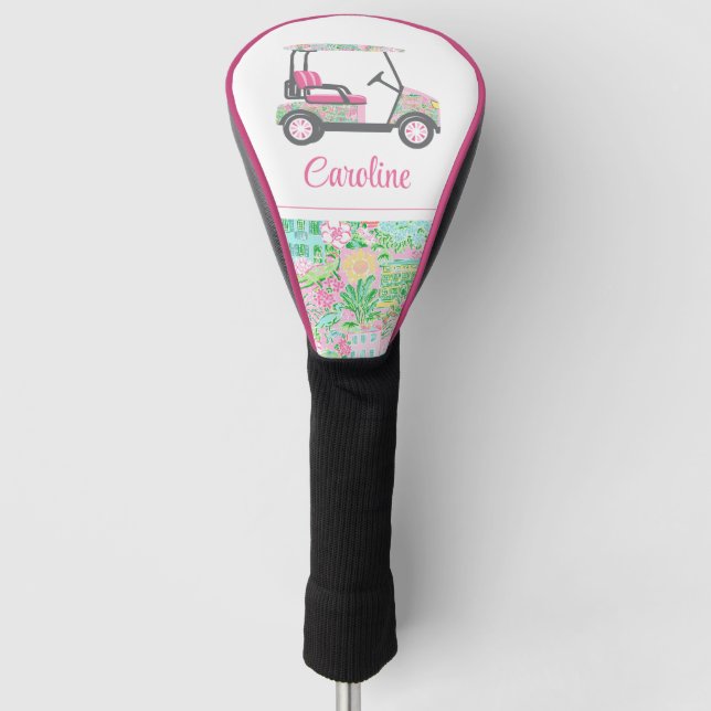 Pink & Green Palm Beach Golf Cart Personalized Golf Head Cover (Front)