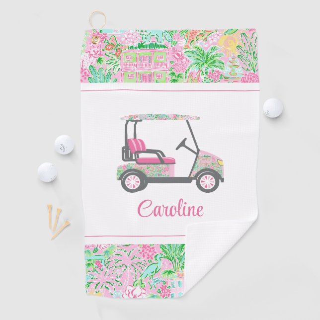 Pink & Green Palm Beach Golf Cart Personalized Golf Towel (InSitu)