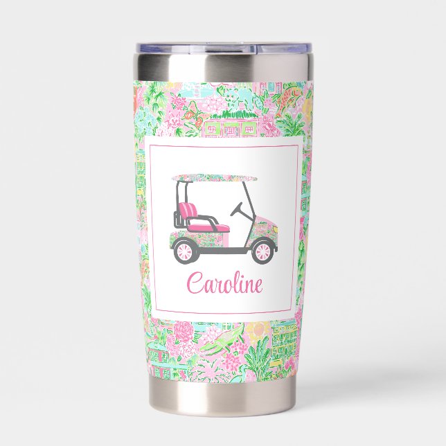 Pink & Green Palm Beach Golf Cart Personalized Insulated Tumbler (Front)