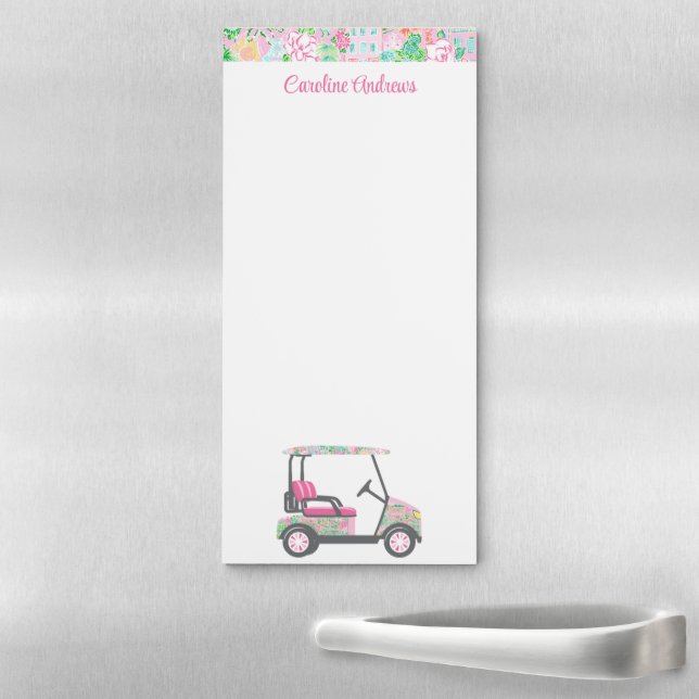 Pink & Green Palm Beach Golf Cart Personalized Magnetic Notepad (In Situ)