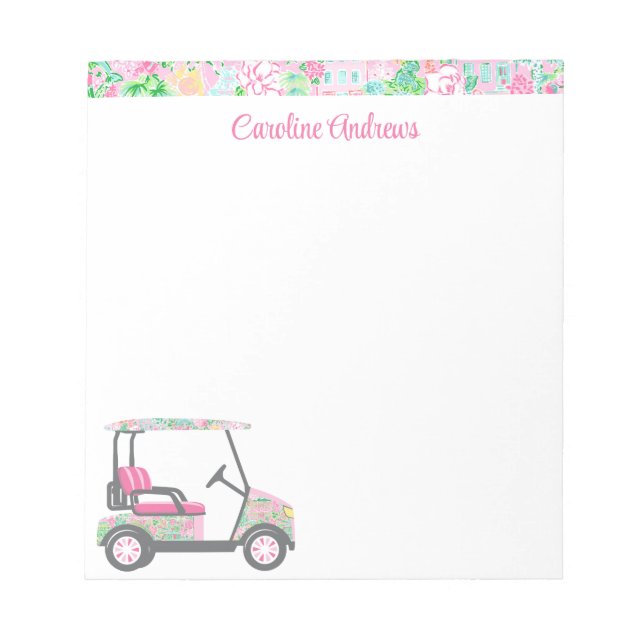 Pink & Green Palm Beach Golf Cart Personalized Notepad (Front)