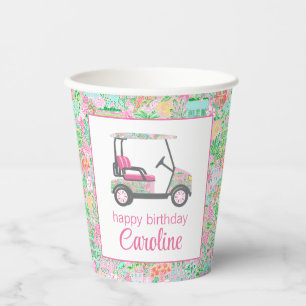 Pink & Green Palm Beach Golf Cart Personalized Paper Cups