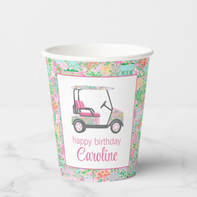 Pink & Green Palm Beach Golf Cart Personalized Paper Cups (Front)