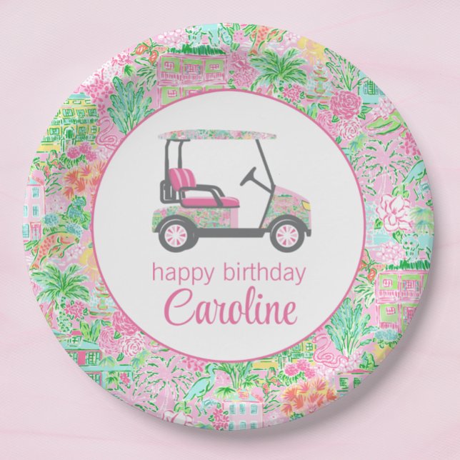Pink & Green Palm Beach Golf Cart Personalized Paper Plates (Creator Uploaded)