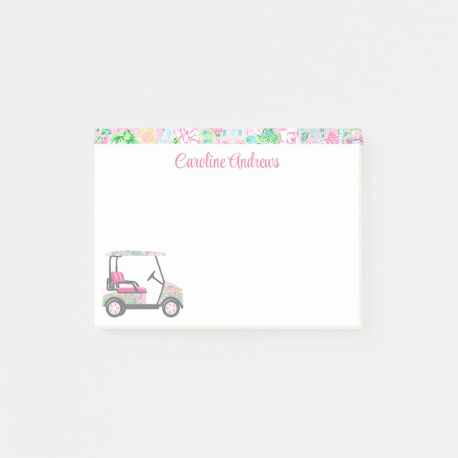 Pink & Green Palm Beach Golf Cart Personalized Post-it Notes (Front)