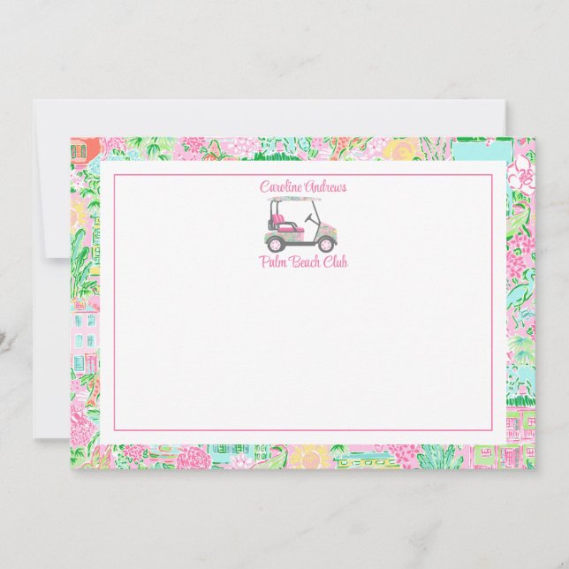 Pink & Green Palm Beach Golf Cart Personalized Thank You Card (Front)