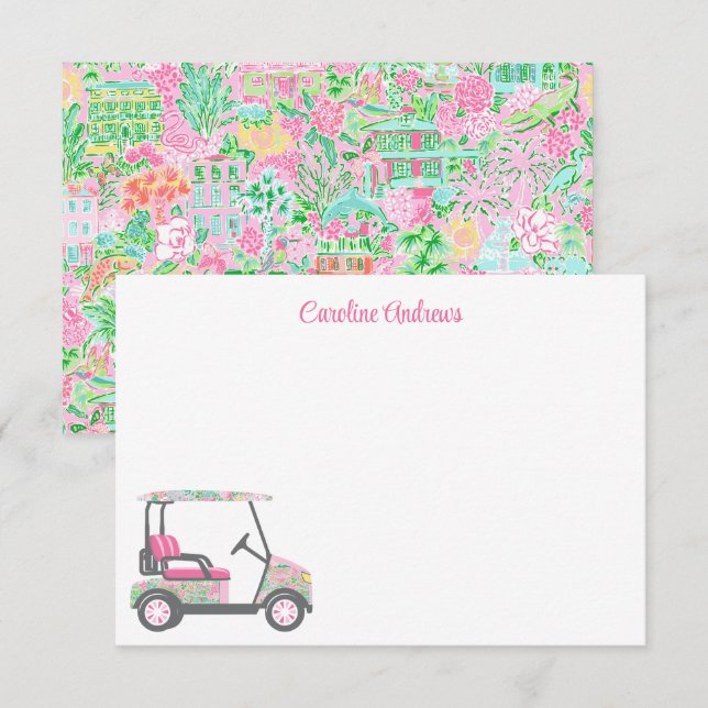 Pink & Green Palm Beach Golf Cart Personalized Thank You Card (Front/Back)