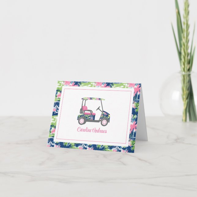 Pink & Green Palm Beach Golf Cart Personalized Thank You Card (Front)