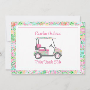 Pink & Green Palm Beach Golf Cart Personalized Thank You Card