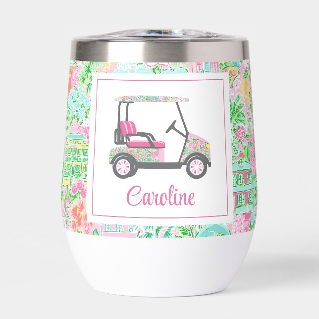 Pink & Green Palm Beach Golf Cart Personalized Thermal Wine Tumbler (Front)