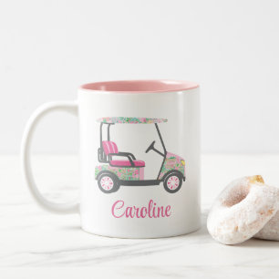 Pink & Green Palm Beach Golf Cart Personalized Two-Tone Coffee Mug