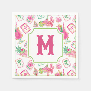 Pink & Green Palm Beach Mahjong & Mixers Monogram Napkins
