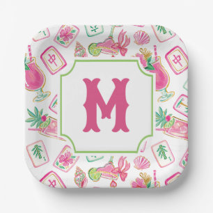 Pink & Green Palm Beach Mahjong & Mixers Monogram Paper Plates