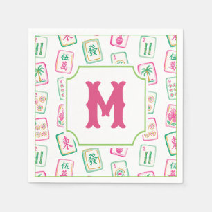 Pink & Green Palm Beach Mahjong Tiles Monogram Napkins
