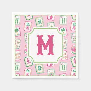 Pink & Green Palm Beach Mahjong Tiles Monogram Napkins