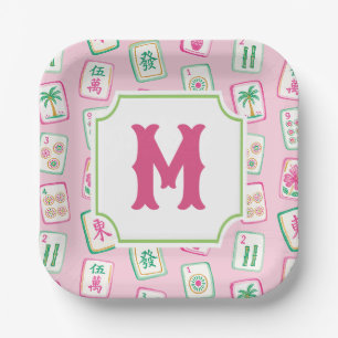 Pink & Green Palm Beach Mahjong Tiles Monogram Paper Plates
