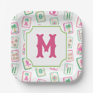 Pink & Green Palm Beach Mahjong Tiles Monogram Paper Plates