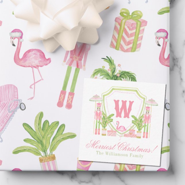 Pink & Green Palm Beach Nutcracker Monogram Crest Note Card (Creator Uploaded)