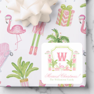 Pink & Green Palm Beach Nutcracker Monogram Crest Square Sticker