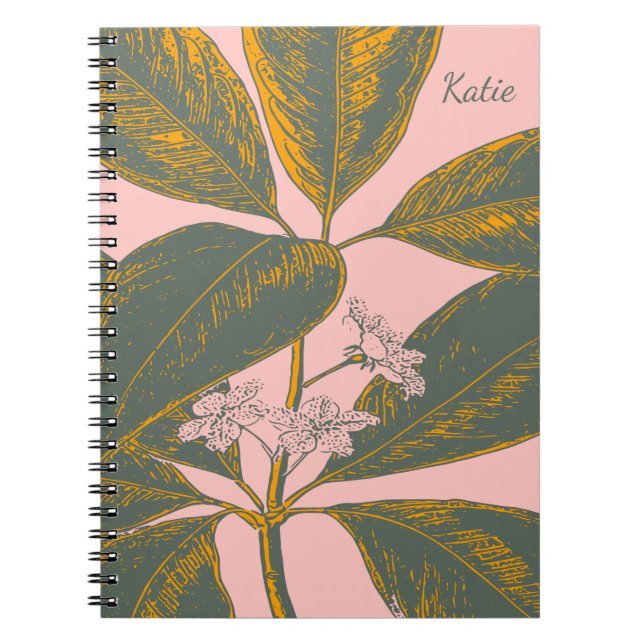 Pink Green Palm Frond Botanical Art Personalized Notebook (Front)