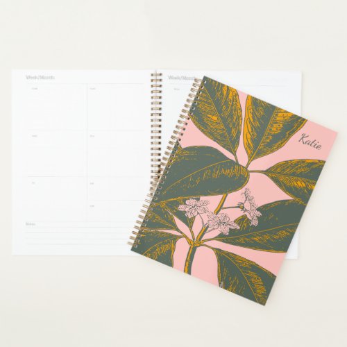 Pink Green Palm Frond Botanical Art Personalized Planner