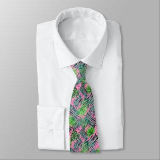 Pink Green Palm Leaf Pattern Tropical Neck Tie