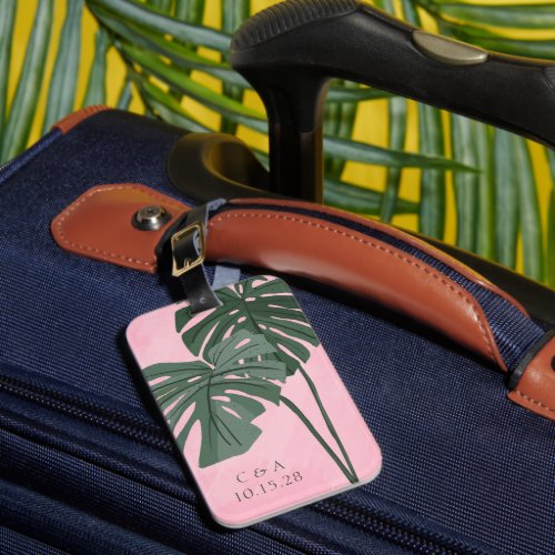 Pink Green Palm Leaf Personalized Wedding Initials Luggage Tag