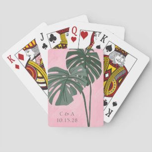 Pink Green Palm Leaf Personalized Wedding Initials Poker Cards