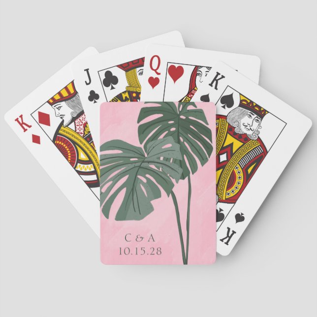 Pink Green Palm Leaf Personalized Wedding Initials Poker Cards (Back)
