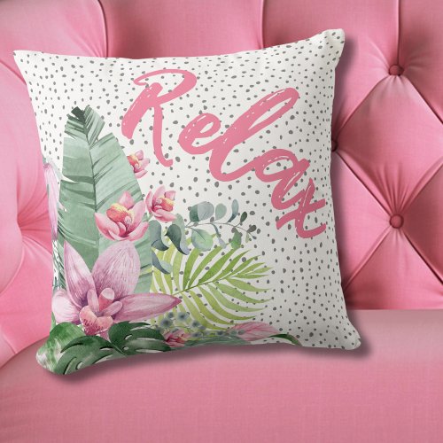 Pink Green Palm Leaves Floral Watercolor Tropical Throw Pillow