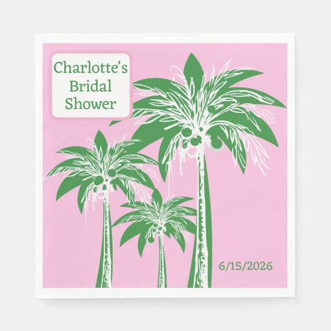 Pink Green Palm Tree Bridal Shower Custom Name Napkins (Front)