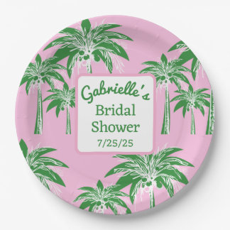 Pink Green Palm Tree Bridal Shower Custom Name Paper Plates