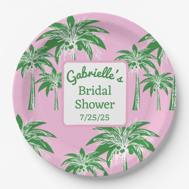 Pink Green Palm Tree Bridal Shower Custom Name Paper Plates (Front)
