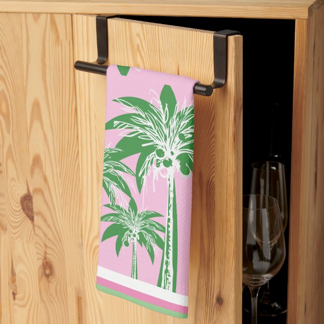 Pink Green Palm Tree Preppy Coastal Beach  Kitchen Towel (Thirds Fold)