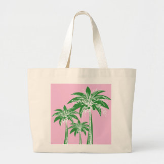 Pink Green Palm Tree Preppy Coastal Beach Summer Large Tote Bag