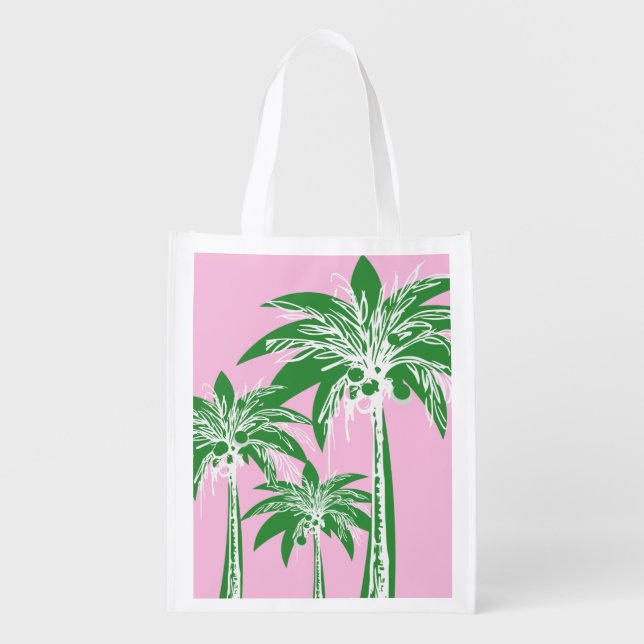 Pink Green Palm Tree Preppy Girly Stylish Summer Grocery Bag (Front)