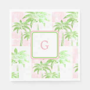 Pink Green Palm Tree Preppy Ombre Square Monogram Napkins