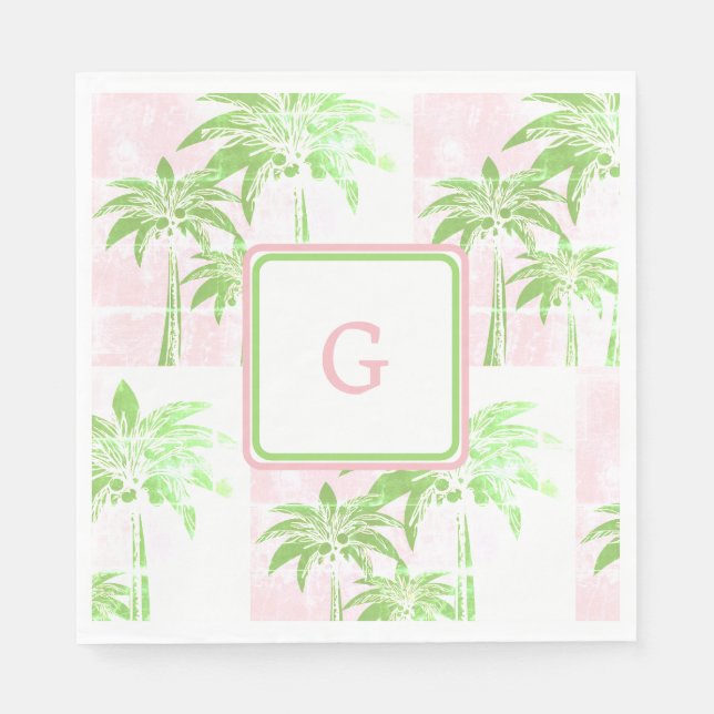 Pink Green Palm Tree Preppy Ombre Square Monogram Napkins (Front)