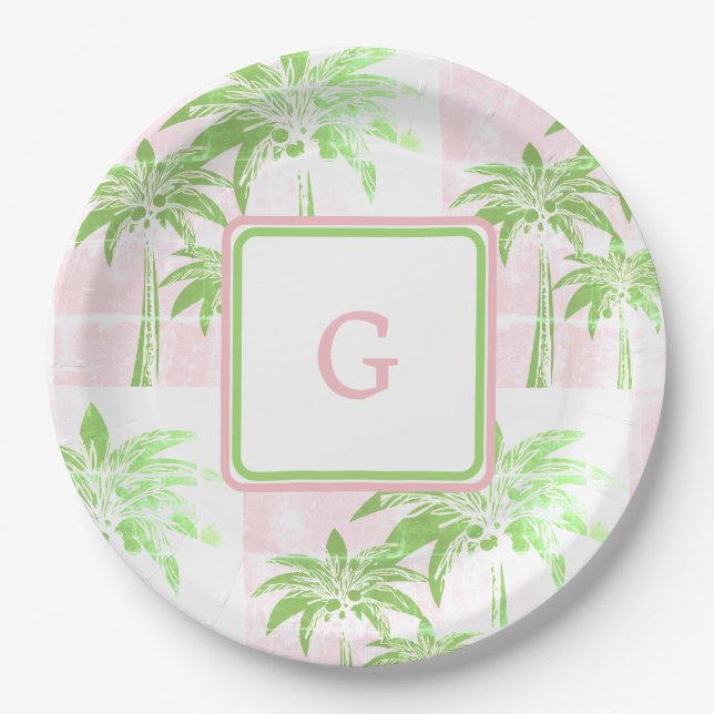 Pink Green Palm Tree Preppy Ombre Square Monogram Paper Plates (Front)