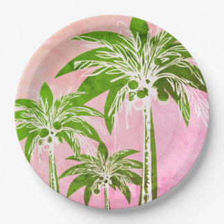 Pink Green Palm Tree Preppy Ombre Watercolor Paper Plates