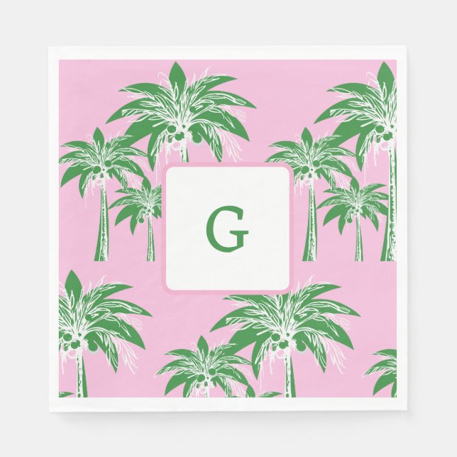 Pink Green Palm Tree Preppy Summer Beach Monogram Napkins (Front)