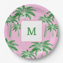 Pink Green Palm Tree Preppy Summer Beach Monogram