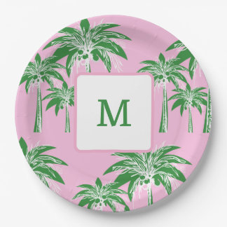 Pink Green Palm Tree Preppy Summer Beach Monogram Paper Plates
