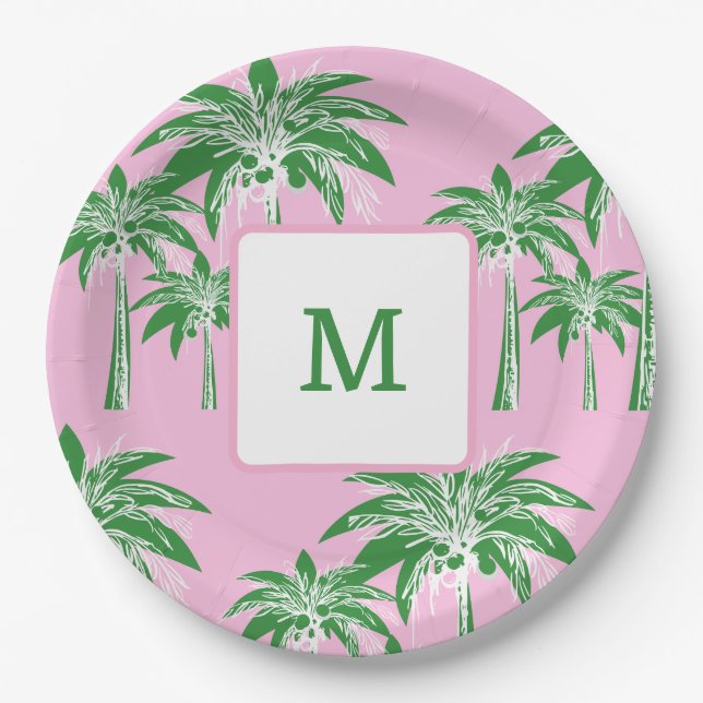 Pink Green Palm Tree Preppy Summer Beach Monogram Paper Plates (Front)