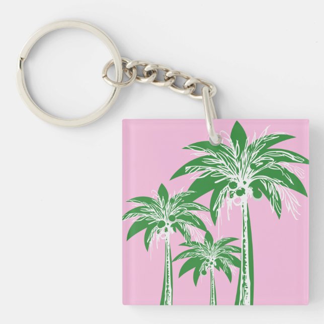 Pink Green Palm Tree Preppy Summer Beach Tropical Keychain (Front)