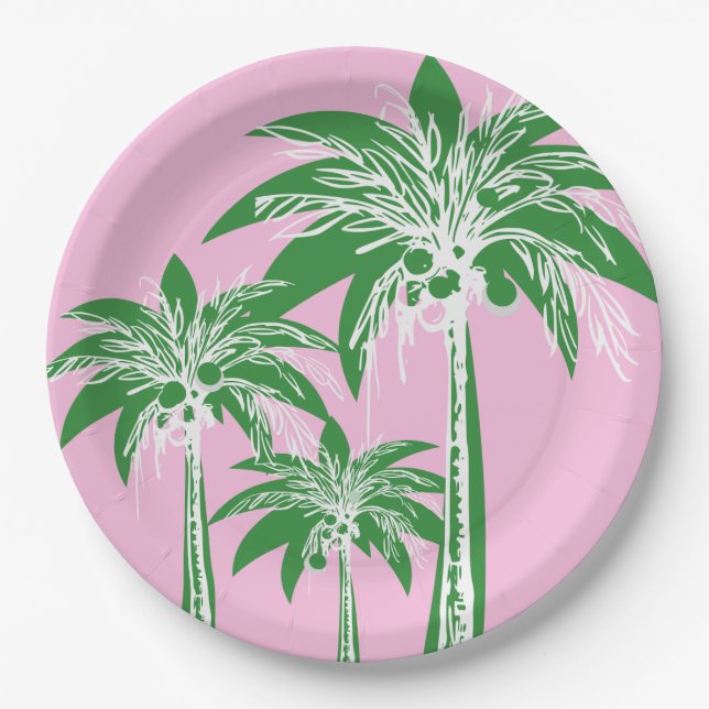 Pink Green Palm Tree Preppy Summer Beach Tropical Paper Plates (Front)