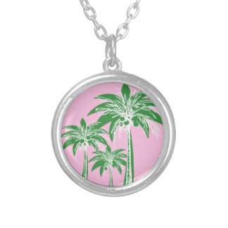 Pink Green Palm Tree Preppy Summer Beach Tropical Silver Plated Necklace