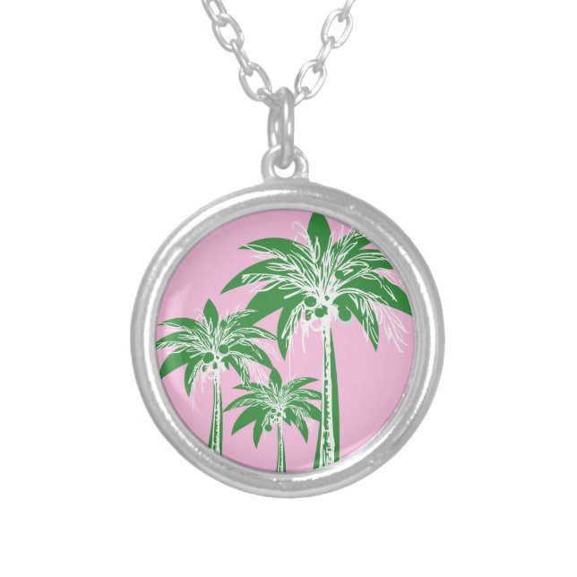 Pink Green Palm Tree Preppy Summer Beach Tropical Silver Plated Necklace (Front)